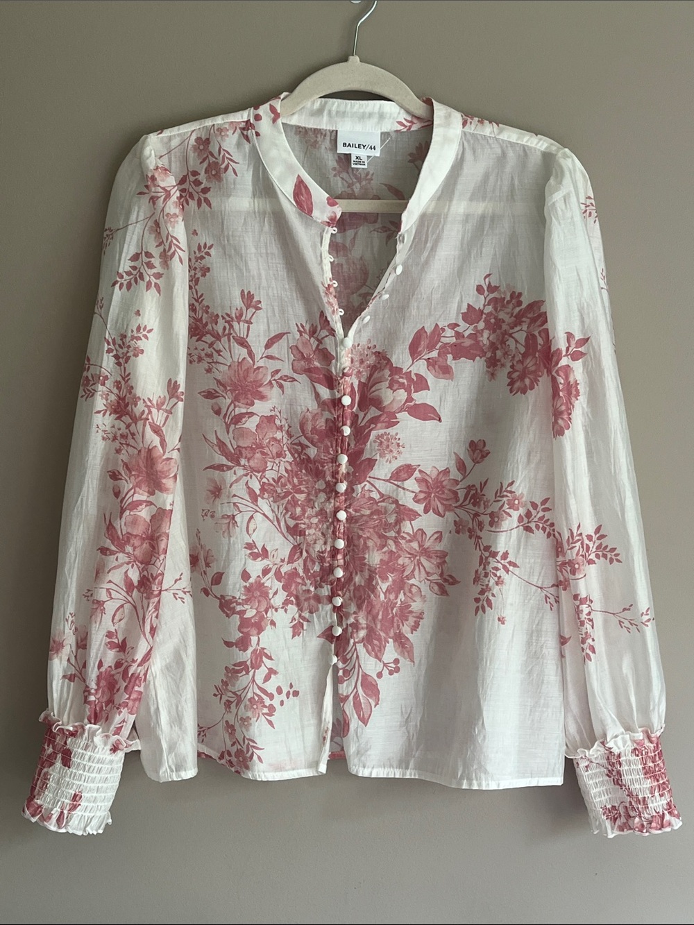 Bailey 44 "Illuminate" Sheer Floral Pink Toile Smocked Cuffs Blouse size XL